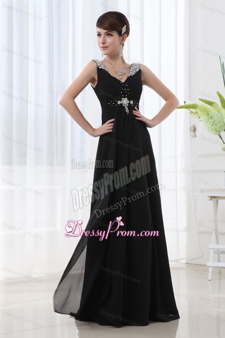 Empire Chiffon Floor-length V-neck Black Beading And Ruching Prom Dress
