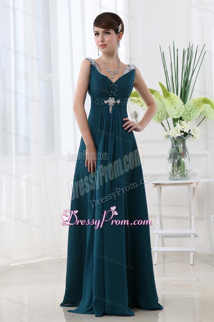Empire Chiffon Floor-length V-neck Black Beading And Ruching Prom Dress