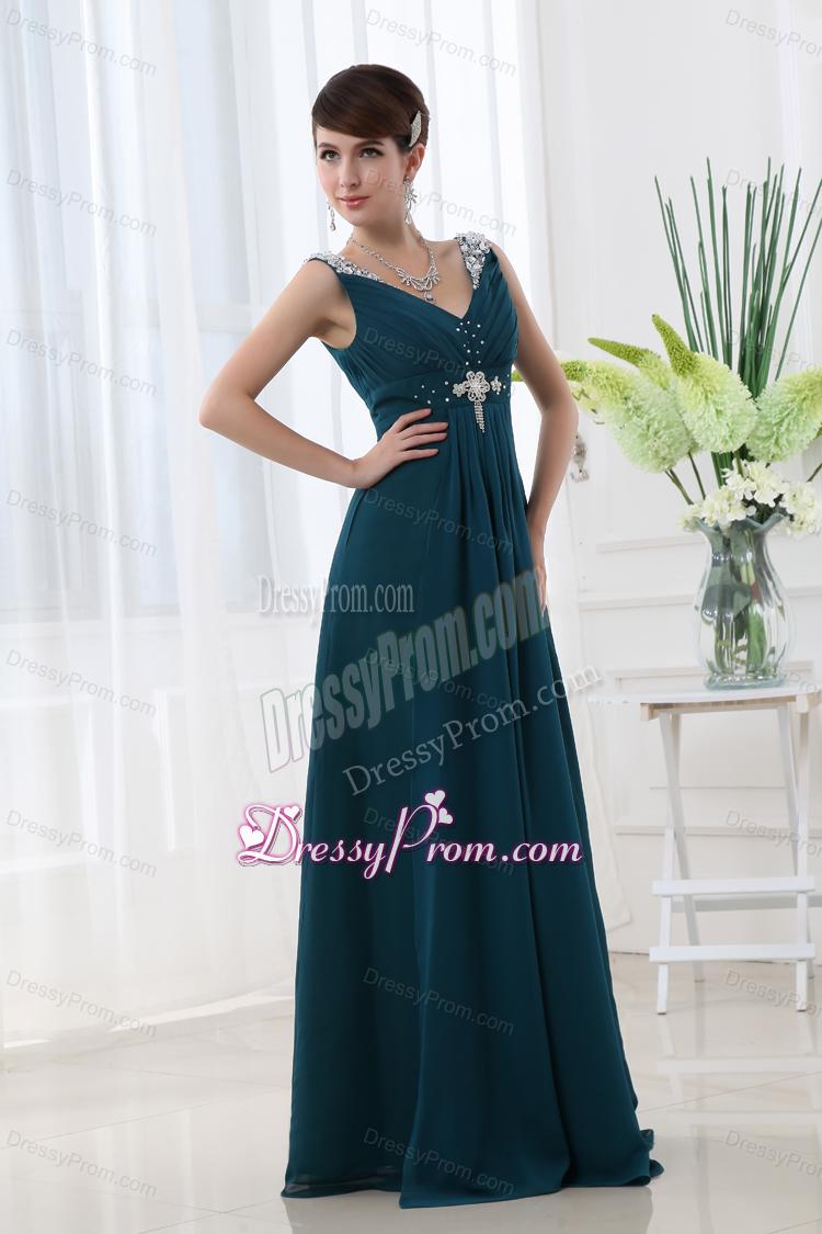 Empire Chiffon Floor-length V-neck Black Beading And Ruching Prom Dress