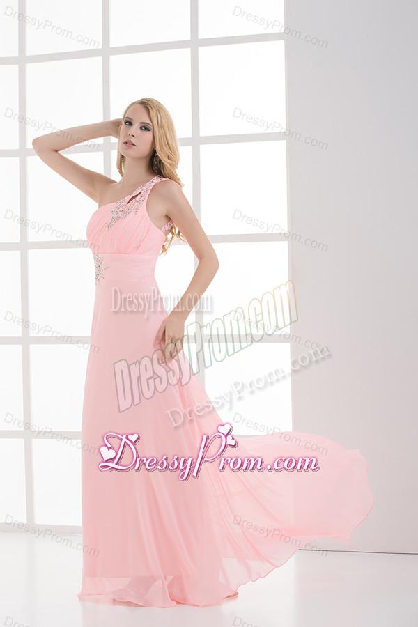 Empire One Shoulder Floor-length Chiffon Light Pink Prom Dress