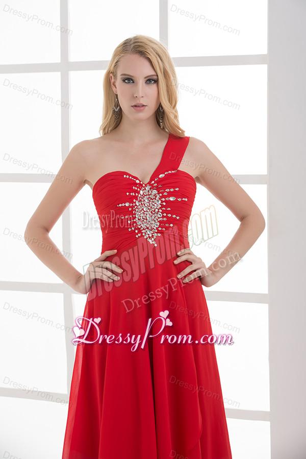 Empire One Shoulder Floor-length Chiffon Red Prom Dress