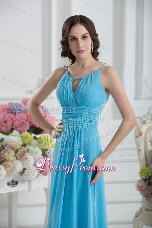 Empire Straps Ruching Baby Blue Floor-length Chiffon Prom Dress