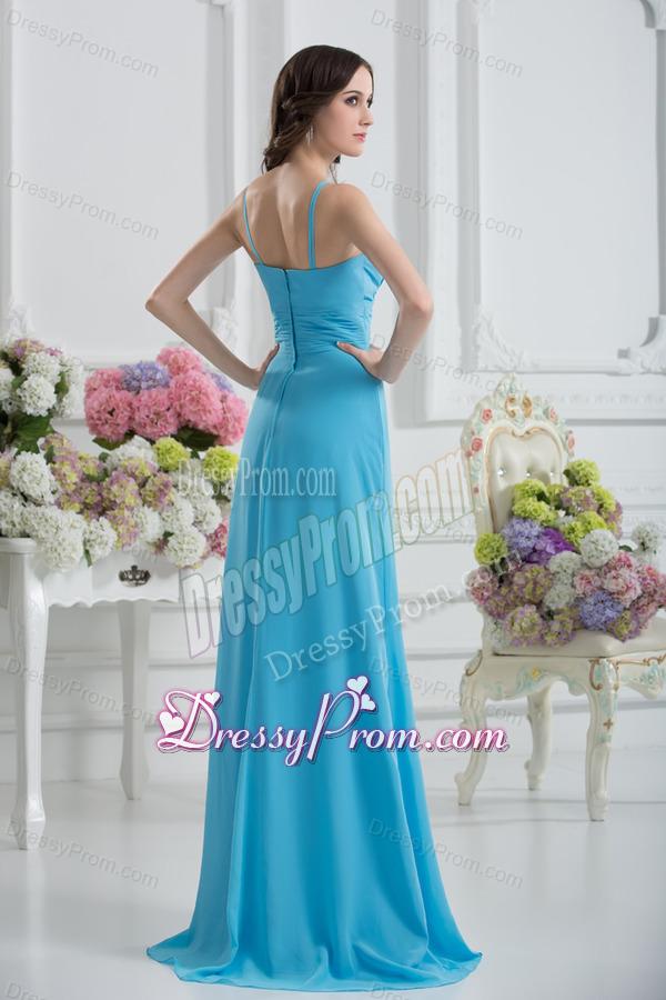 Empire Straps Ruching Baby Blue Floor-length Chiffon Prom Dress