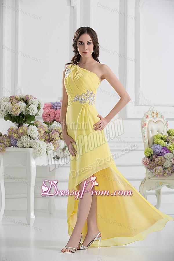 One Shoulder Empire Yellow High-low Prom Dress with Appliques