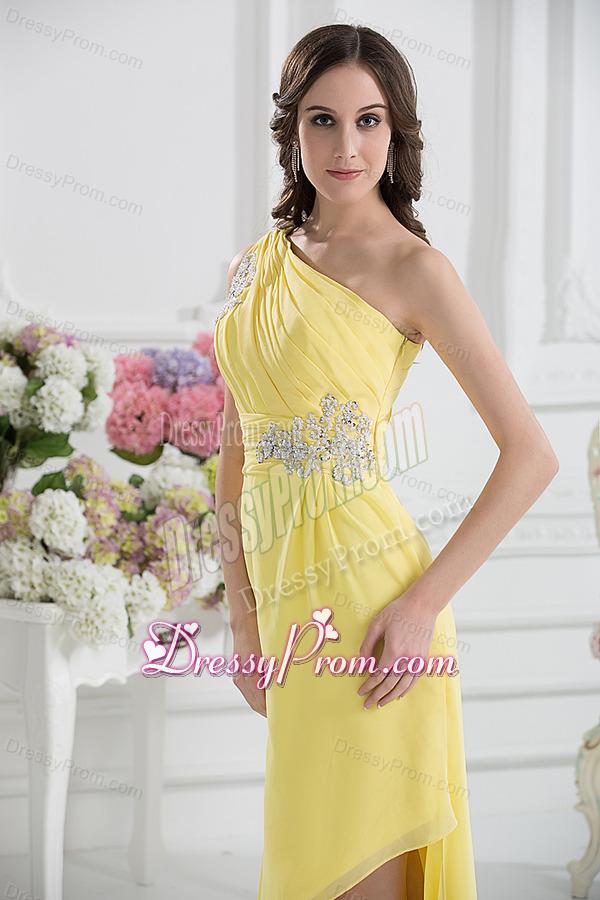 One Shoulder Empire Yellow High-low Prom Dress with Appliques