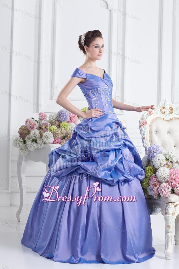 Blue Off The Shoulder Pick-ups Purple Quinceanera Dress with Beading