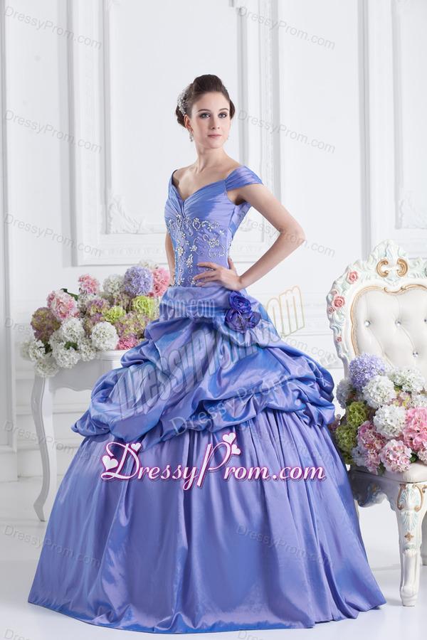 Blue Off The Shoulder Pick-ups Purple Quinceanera Dress with Beading