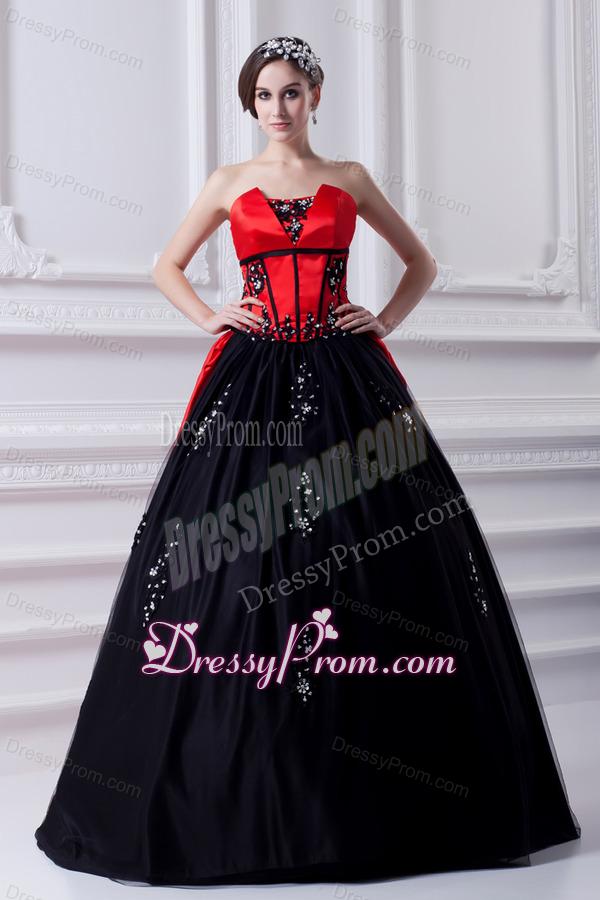 Cheap Strapless Appliques Pick-ups Black and Red Quinceanera Dress with Brush Train
