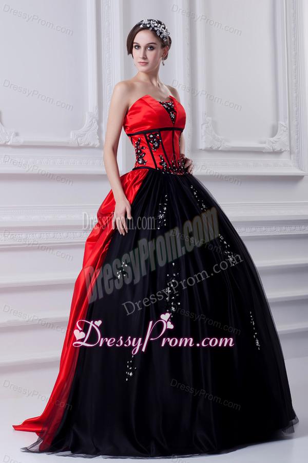 Cheap Strapless Appliques Pick-ups Black and Red Quinceanera Dress with Brush Train