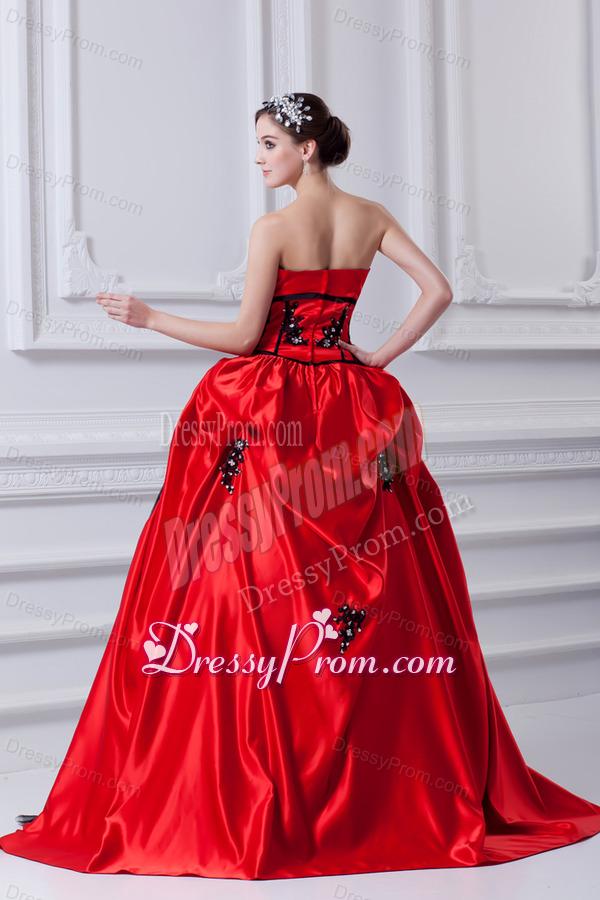 Cheap Strapless Appliques Pick-ups Black and Red Quinceanera Dress with Brush Train