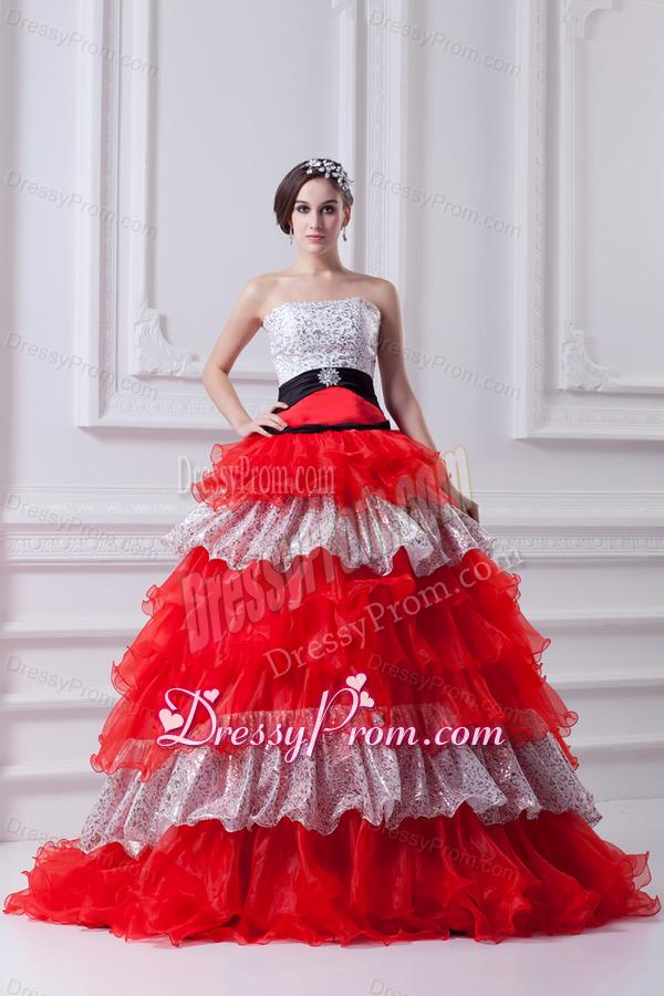 Elegant Princess Strapless Beading Ruflled Layers Red Quinceanera Dress in 2014