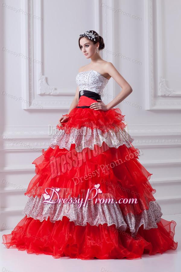 Elegant Princess Strapless Beading Ruflled Layers Red Quinceanera Dress in 2014