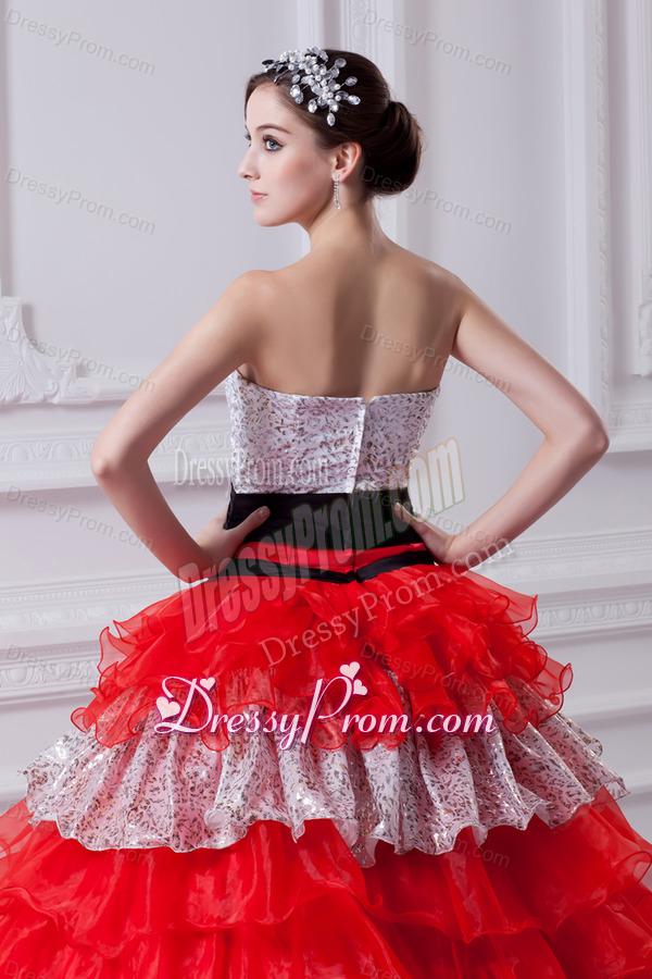 Elegant Princess Strapless Beading Ruflled Layers Red Quinceanera Dress in 2014