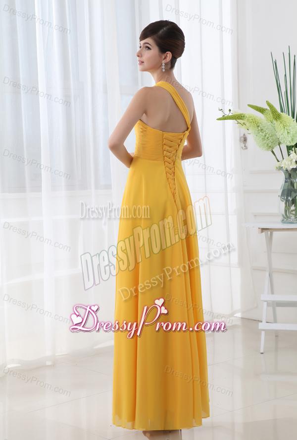 Empire Gold One Shoulder Beading and Ruching Chiffon Prom Dress