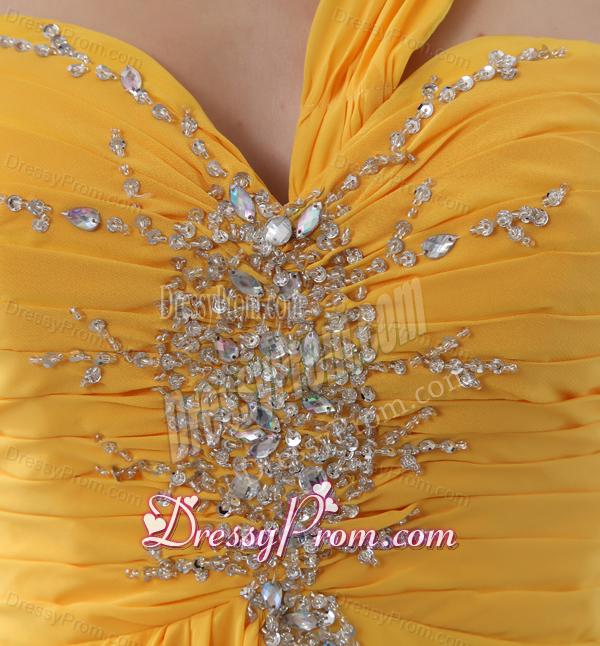 Empire Gold One Shoulder Beading and Ruching Chiffon Prom Dress