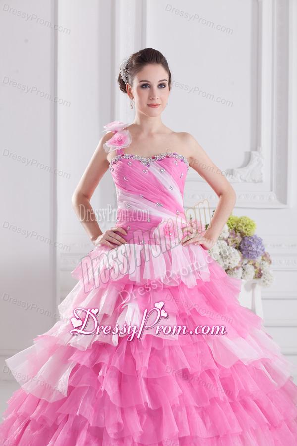 Pretty Rose Pink Princess One Shoulder Beading Quinceanera Dress with Ruffled Layers