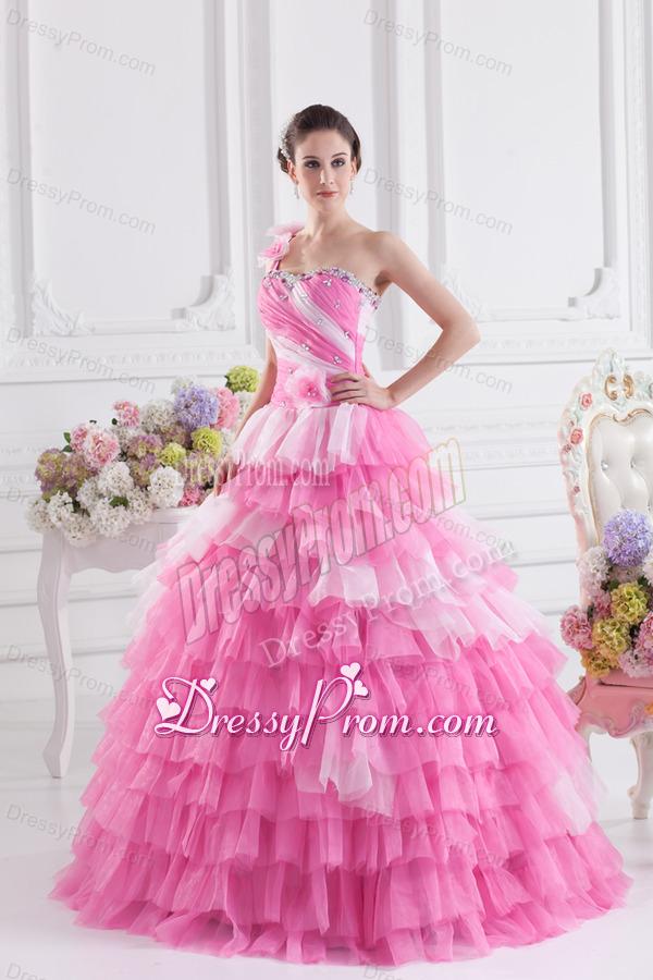 Pretty Rose Pink Princess One Shoulder Beading Quinceanera Dress with Ruffled Layers