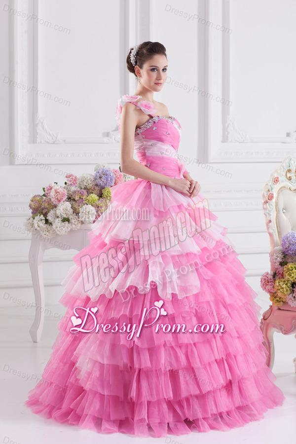 Pretty Rose Pink Princess One Shoulder Beading Quinceanera Dress with Ruffled Layers