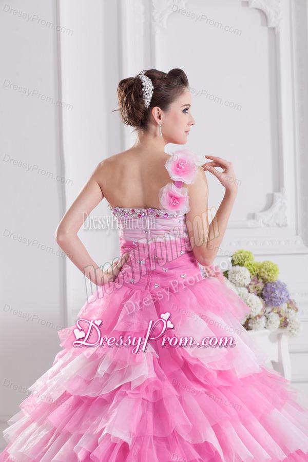 Pretty Rose Pink Princess One Shoulder Beading Quinceanera Dress with Ruffled Layers