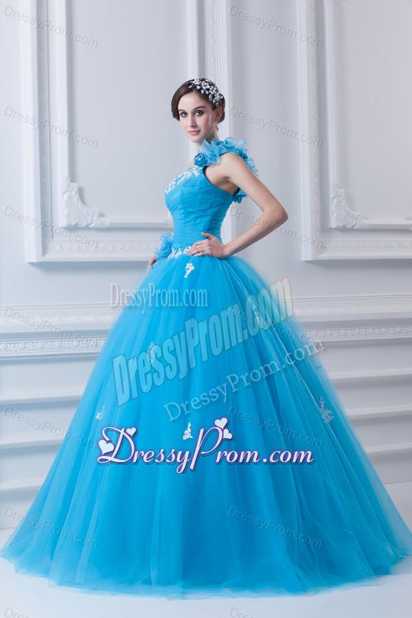 Princess One Shoulder Appliques Sky Blue 2014 Quinceanera Dress