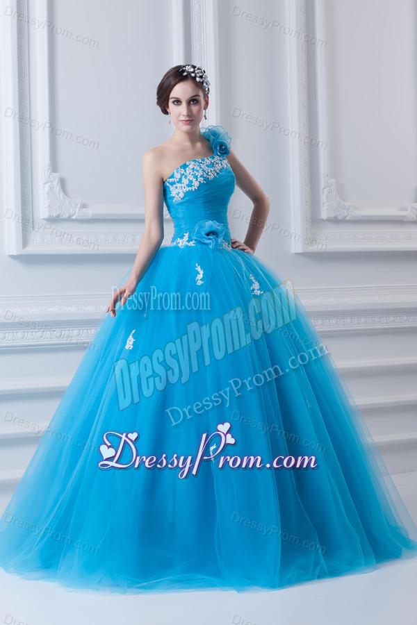 Princess One Shoulder Appliques Sky Blue 2014 Quinceanera Dress
