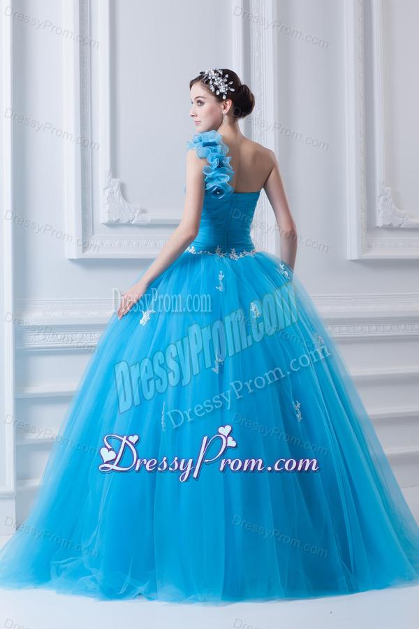 Princess One Shoulder Appliques Sky Blue 2014 Quinceanera Dress
