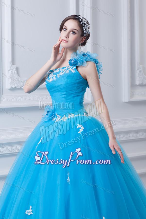 Princess One Shoulder Appliques Sky Blue 2014 Quinceanera Dress