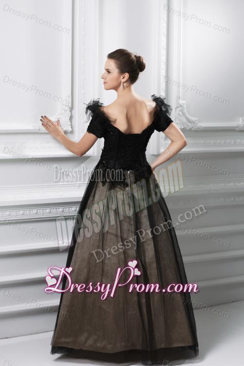 2014 New A-line Appliques V-neck Tulle Black Prom Dress