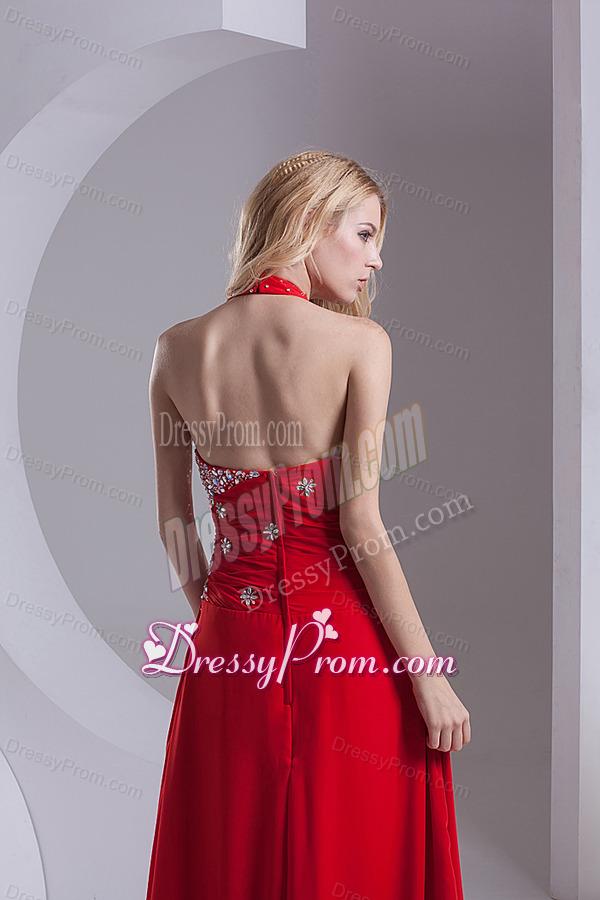 Column Halter Top Chiffon Beading Ruching Red Prom Dress