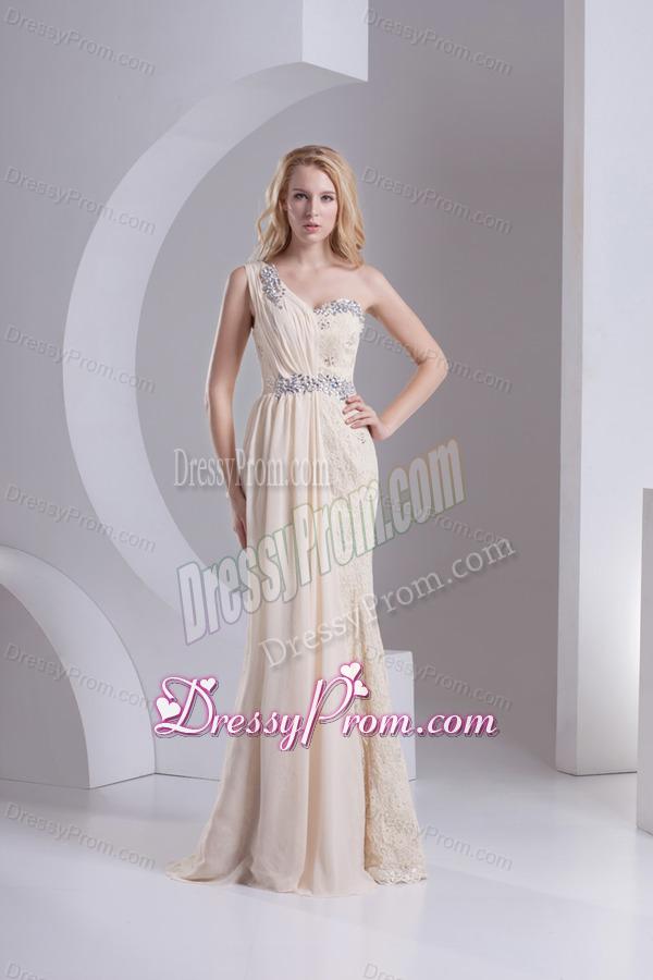 Column One Shoulder Chiffon and Lace Beading Ruching Ivory Prom Dress