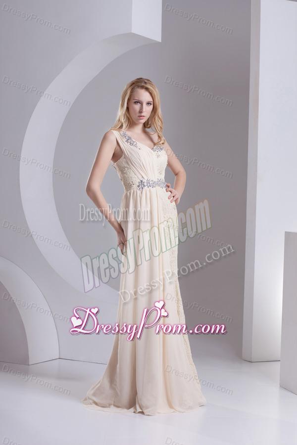 Column One Shoulder Chiffon and Lace Beading Ruching Ivory Prom Dress