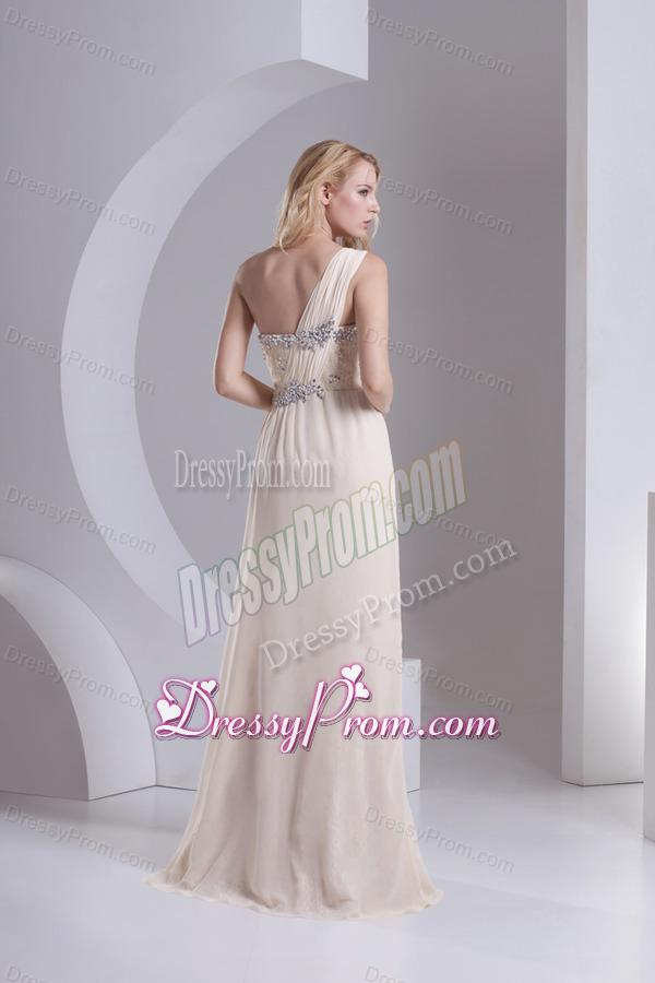Column One Shoulder Chiffon and Lace Beading Ruching Ivory Prom Dress