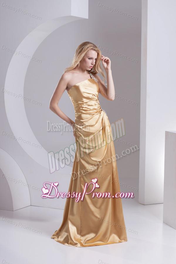 Column One Shoulder Taffeta Beading Ruching Gold Prom Dress
