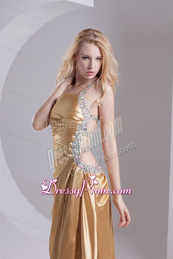 Column One Shoulder Taffeta Beading Ruching Gold Prom Dress