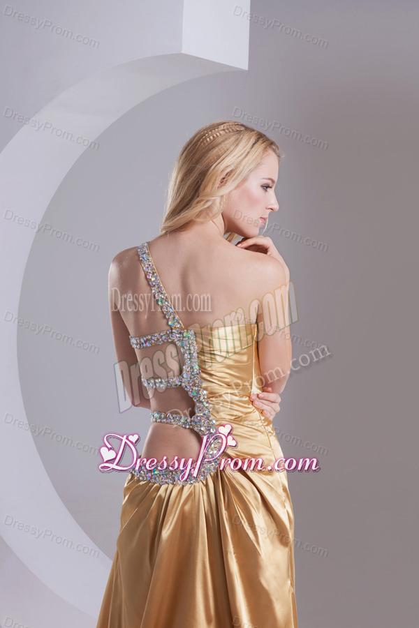 Column One Shoulder Taffeta Beading Ruching Gold Prom Dress