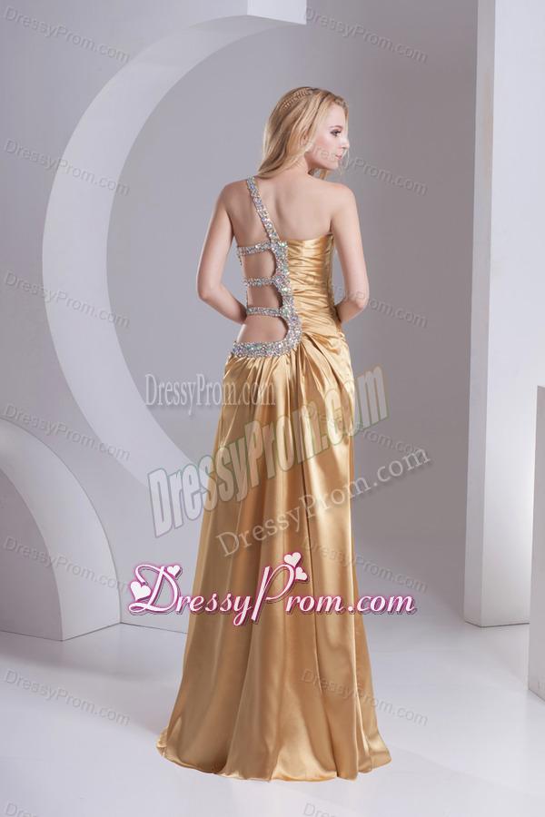 Column One Shoulder Taffeta Beading Ruching Gold Prom Dress