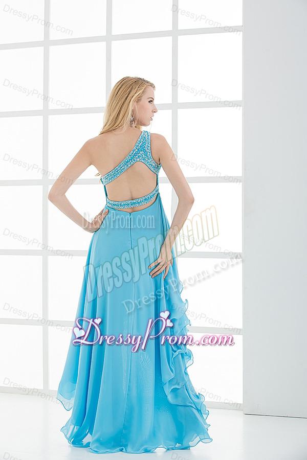 Empire One shoulder High-low Beading Baby Blue Prom Dress