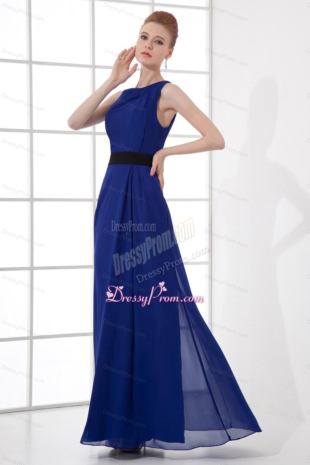 Peacock Blue Empire Bateau Floor-length Backless Prom Dress