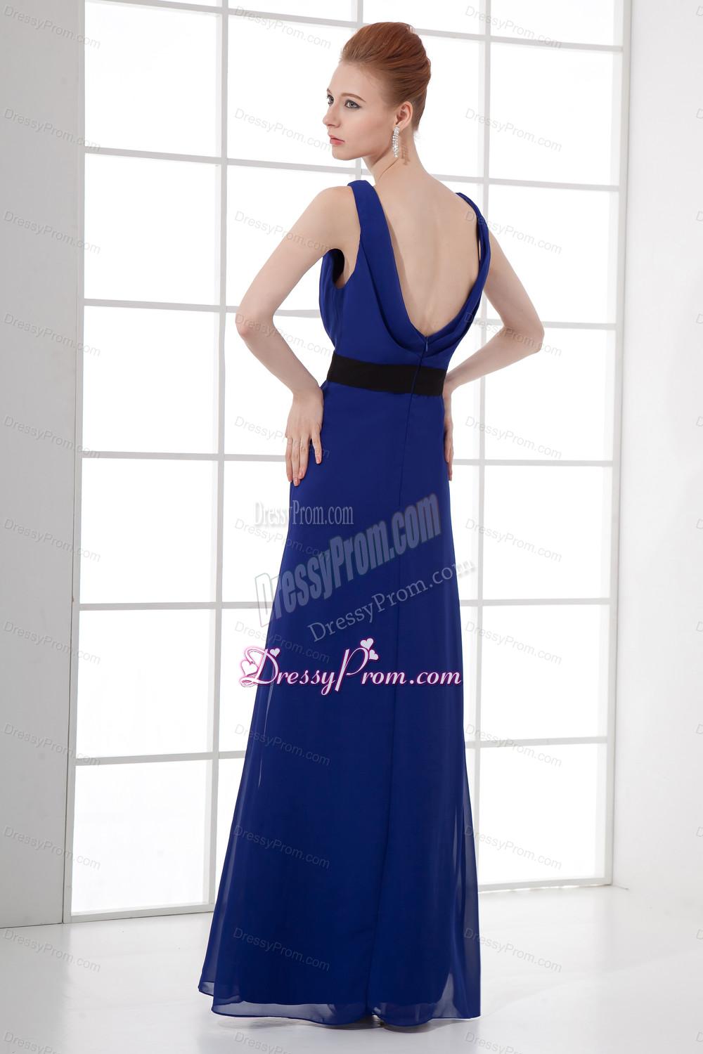 Peacock Blue Empire Bateau Floor-length Backless Prom Dress