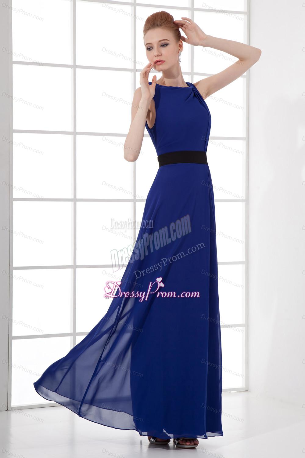 Peacock Blue Empire Bateau Floor-length Backless Prom Dress