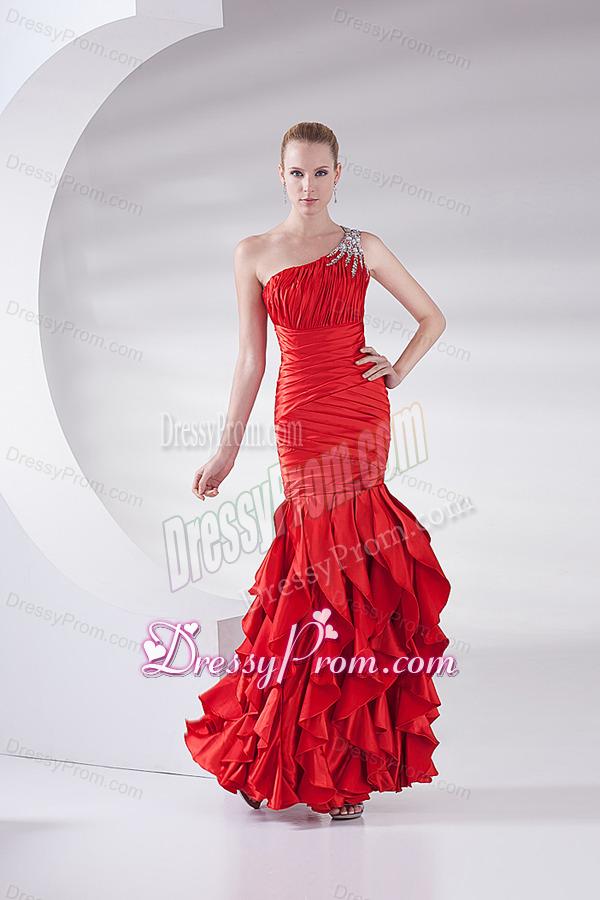 Mermaid Wine Red One Shoulder Beading Ruching Ruffles Long Prom Dress