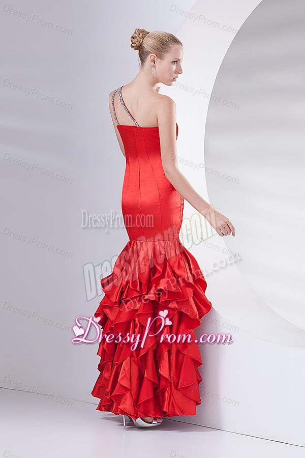 Mermaid Wine Red One Shoulder Beading Ruching Ruffles Long Prom Dress