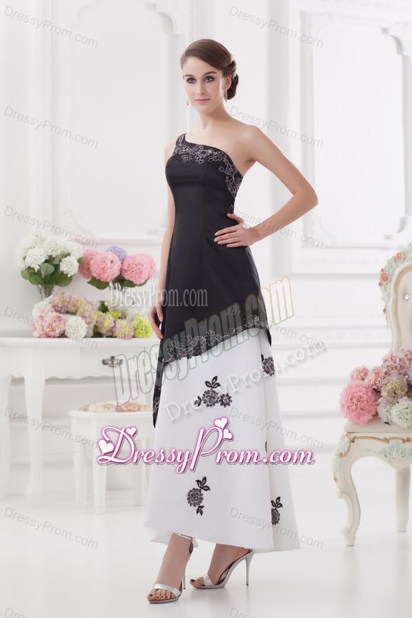 A-line One Shoulder Embroidery Black and White Ankle-length Prom Dress