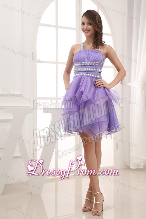 A-line One Shoulder Lavender Beading and Ruching Short Prom Dress