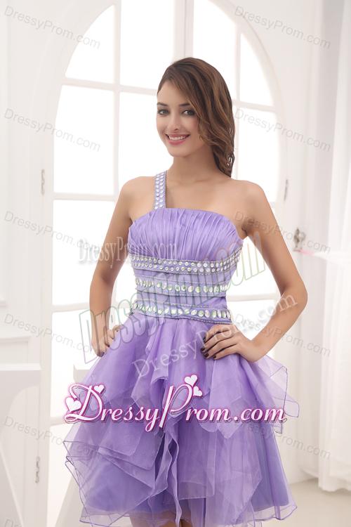 A-line One Shoulder Lavender Beading and Ruching Short Prom Dress