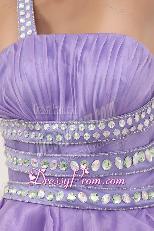 A-line One Shoulder Lavender Beading and Ruching Short Prom Dress