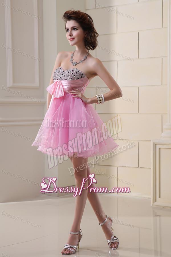 A-line Organza Prom Dress with Beading Ruchings Rose Pink Sweatheart