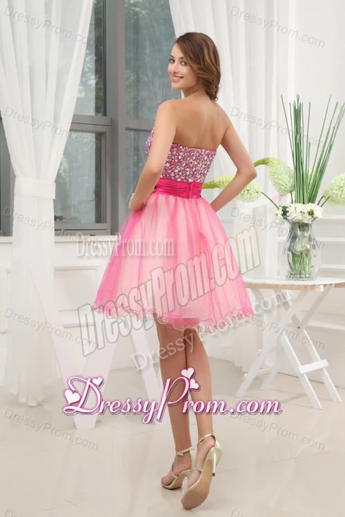 A-line Pink Strapless Beading Tulle Knee-length Prom Dress