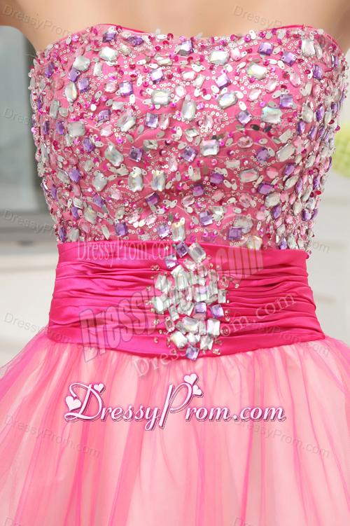 A-line Pink Strapless Beading Tulle Knee-length Prom Dress