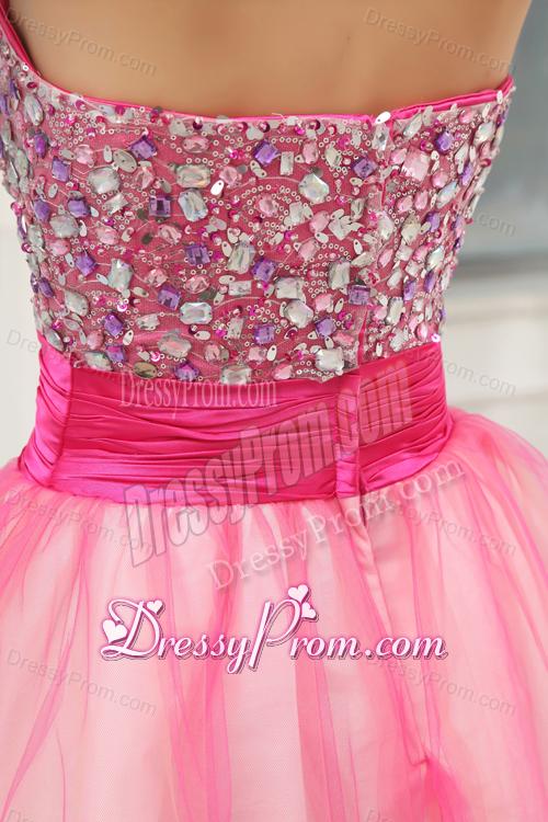 A-line Pink Strapless Beading Tulle Knee-length Prom Dress